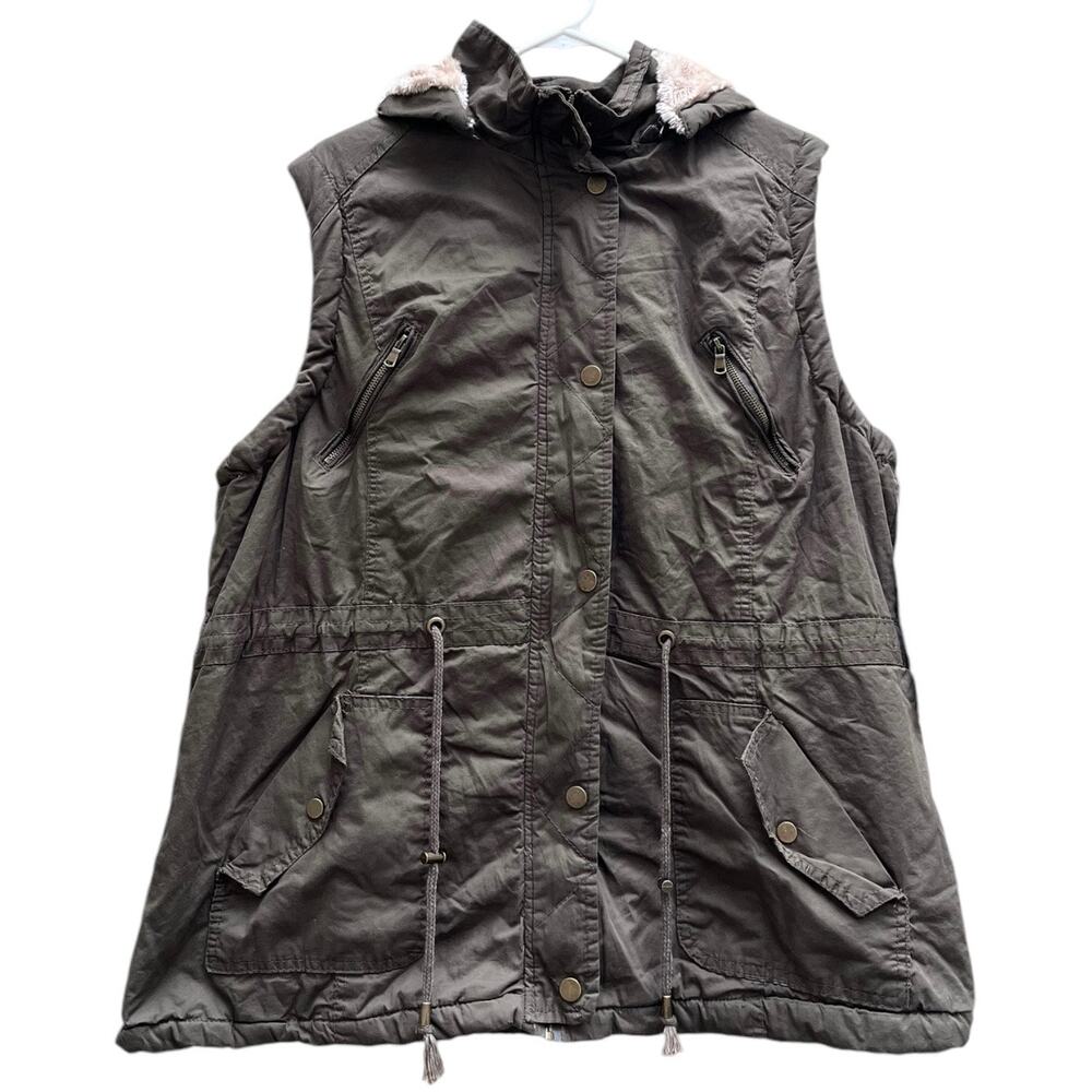 NEW Snobbish Collection Hooded Vest Olive Green Zip Snap Faux Fur Lined Women 2X